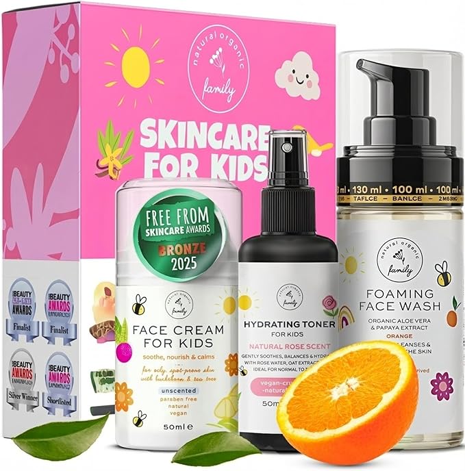 Skincare Set for Kids - Gentle Facial Wash, Hydrating Toner and Cream - Natural Skin Care for Boys and Girls with Aloe Vera and Rose Water - Vegan, Paraben-Free - Award-Winning - Ages 6-12