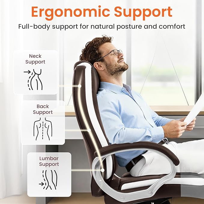 NEO Chair Office Desk Ergonomic Gaming Chair High Back Adjustable Computer Chair with Wheels and Lumbar Support Comfy Leather Executive Swivel (Brown)
