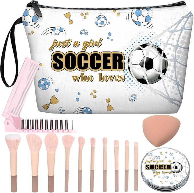 Personalized Soccer ball Makeup Bag set with Mirror for girls,Soccer Coach & Team Cosmetic bag with10 pieces pink brush kit,Football Lovers Birthday Gifts for Women Mom Female Friends