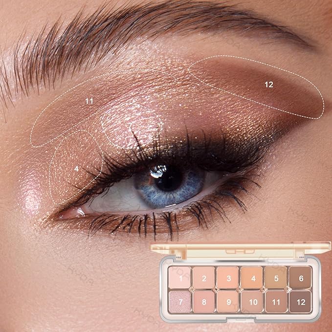 KYDA 12 Colors Netural Nude Eyeshadow Palette with Brush, High Pigment Matte Shimmer Brown Eye Shadow, Netural Eyes Palette for Women, Soft Blendable Powder Eyeshadow, Korean Eyes Makeup