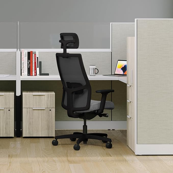 HON Ignition 2.0 Big and Tall Office Chair with Headrest, 450lbs Weight Capacity, Extra Wide Seat, Tilt Recline, Swivel Wheels, Heavy Duty Office Chair, Comfortable for Long Hours, Black Frame, Ash