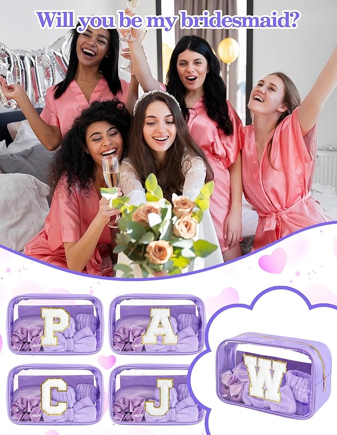 Gift Sets for Women, Initial Makeup Bag with Makeup Brush Set Bachelorette Party Favors, Purple Spa Kit with Skincare Headbands Wrist Bands Sleepover Party Supplies Gifts for Teen Girls Bridesmaid W