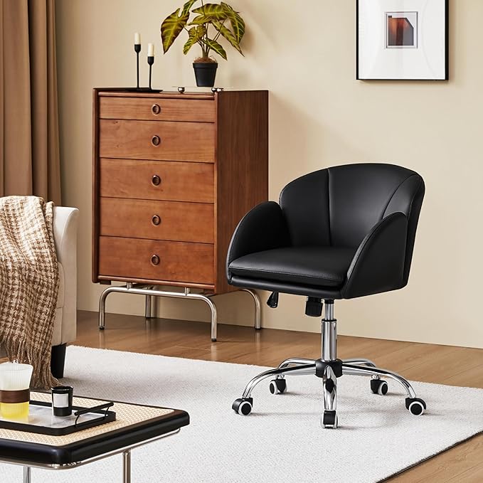 Yaheetech Cute Petal Desk Chair Home Office Chair Swivel Leather Desk Chair Makeup Vanity Chair with Armrests for Bedroom Modern Computer Rolling Chair for Women Black