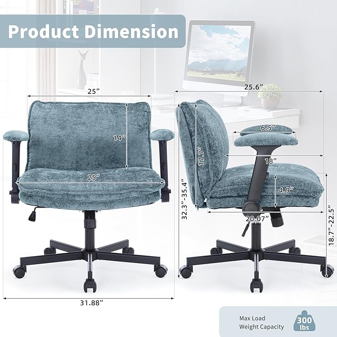 Cross Legged Office Chair, Height Adjustable Swivel Desk Chair with Flip-Up Arms, Padded Criss Cross Chair for Home Office & Bedroom