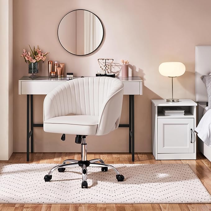 Yaheetech Cute Desk Chair Velvet Vanity Chair with Wheels Home Office Upholstered Modern Swivel Armchair with Tufted Barrel Back for Study, Vanity, Bedroom Cream
