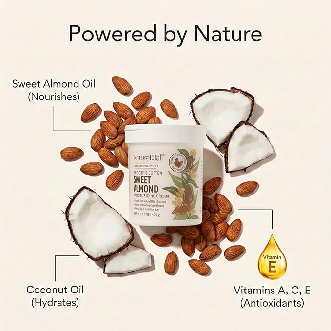 NATURE WELL Sweet Almond Smooth & Soften Gentle Moisturizing Cream For Face, Body, & Hands, Infused With Natural Oils & Extracts, Restores Skin Moisture Barrier, 16 Oz