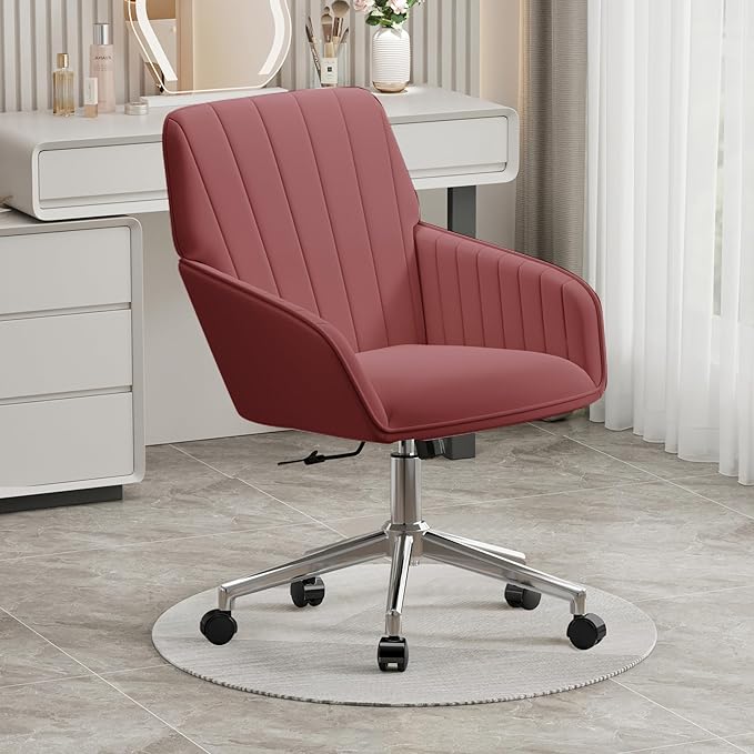 YISHENG Velvet Office Desk Chair with Silver Base, with Wheels,Modern Height Adjustable 360 Degree Swivel Upholstered Vanity Chairs with Arms for Living Room Bedroom,Rose