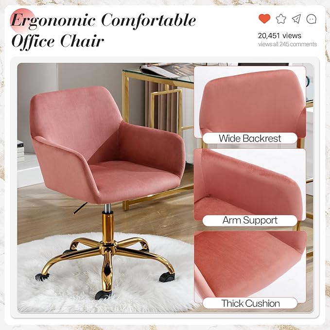 Faux Fur 360°Swivel Desk Chair, Modern Height Adjustable Home Office Armchair with Golden Base for Teens Women Girls, Upholstery Computer Chair for Home Studios, Velvet & Pink