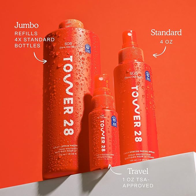 Tower 28 SOS Skin Care Set - Facial Spray (1 Oz) + Balancing Gel Cleanser (150 ML) - Hypochlorous Acid Spray to Calm Irritation + Redness + Soothing Face Wash for Sensitive Skin (2 Count)