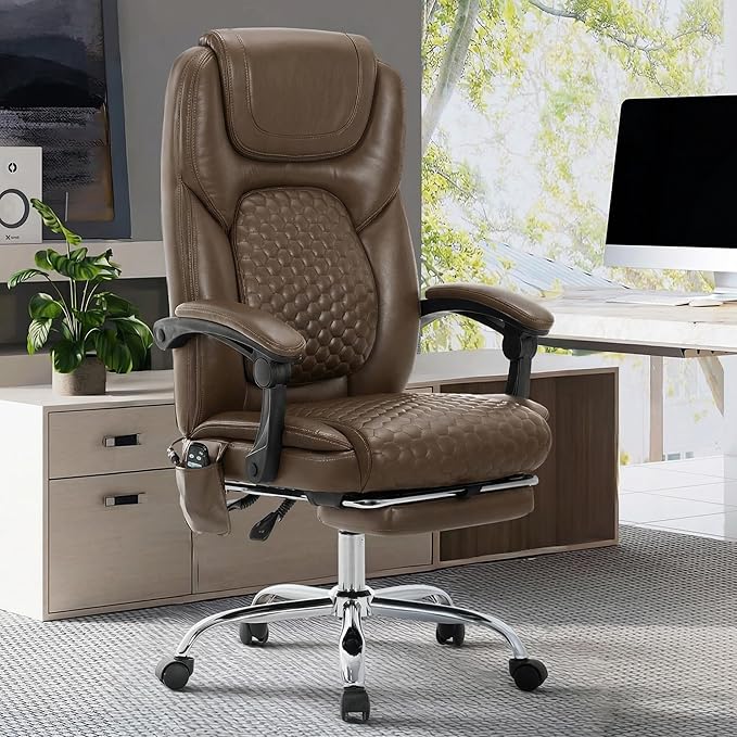 Massage Office Chair Set of 2 with 3-Level Heat and Footrest – 20-Min Easy Assembly, 300 lbs Big and Tall Desk Chair, PU Leather Ergonomic Executive Computer Chair with Side Pocket, Brown