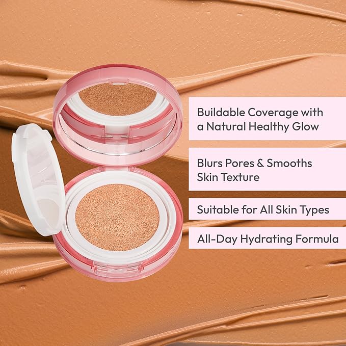 Ruby Kisses Cushion Foundation, Full Coverage Korean Makeup, Lightweight & Long Lasting, All Day Natural Glowy Finish for All Skin Types with Hyaluronic Acid & Bakuchiol (Porcelain, 0.52 Ounce)
