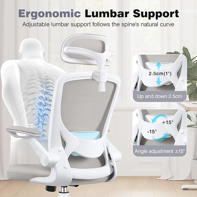 Office Desk Chair, Ergonomic Mesh Office Chair with Adjustable Lumbar Support, Headrest, Flip-up Armrests, Comfortable Computer Chairs for Home, Work, Gaming, (Light Gray, 4 Pack)