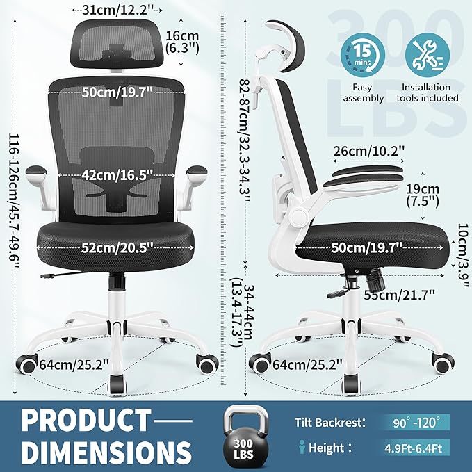 FelixKing Office Chair, Desk Chair with Adjustable Lumbar Support, Ergonomic Computer Chair with High Back and Armrest, Adjustable Height Gaming Chair Home Office Swivel Chair(White)