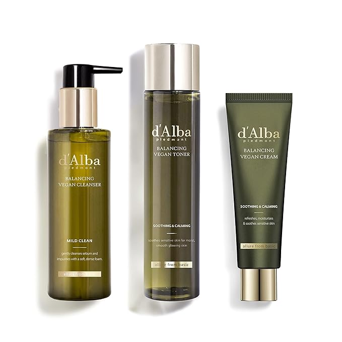 D'alba Piedmont White Truffle Mild Skin Balancing Vegan Cleanser, Toner, and Cream Bundle (200ml, 150ml, 55ml)