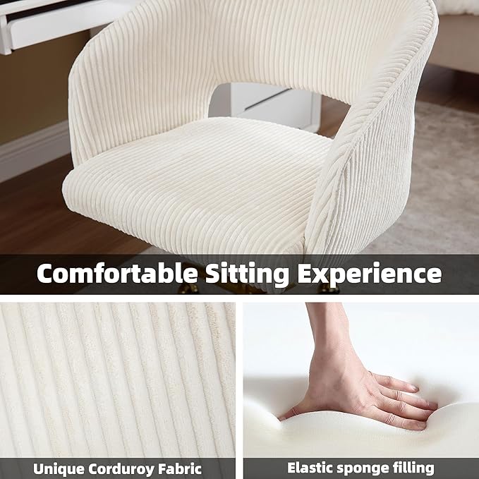 Westice Home Office Desk Chairs, Modern Corduroy Rolling Chair, Height Adjustable Swivel Vanity Chair with Golden Base, Ergonomic Chair for Vanity Study, Living Room Computer Room, Beige