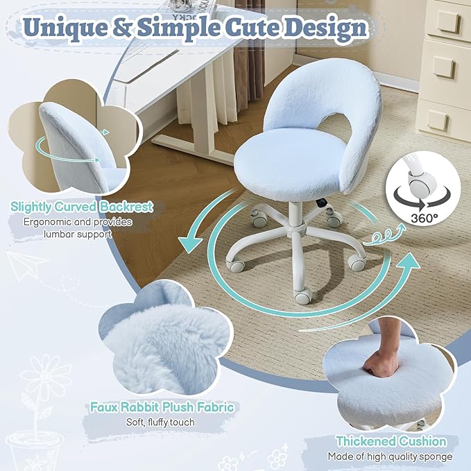 VINGLI Small Vanity Chair with Faux Fur Wheels for Girls,Cute Adjustable Height Armless Office Desk Chair,360°Swivel Comfy Rolling for Study,Make up Room,Small Space,Blue