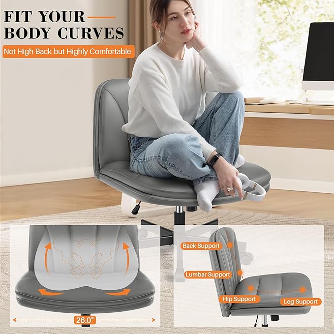 FelixKing Criss Cross Chair with Wheels, Cross Legged Office Chair, Armless Wide Vanity Desk Chair with Comfty PU Leather & Back - Swivel Height Ajustable for Home Office Bedroom, Gray