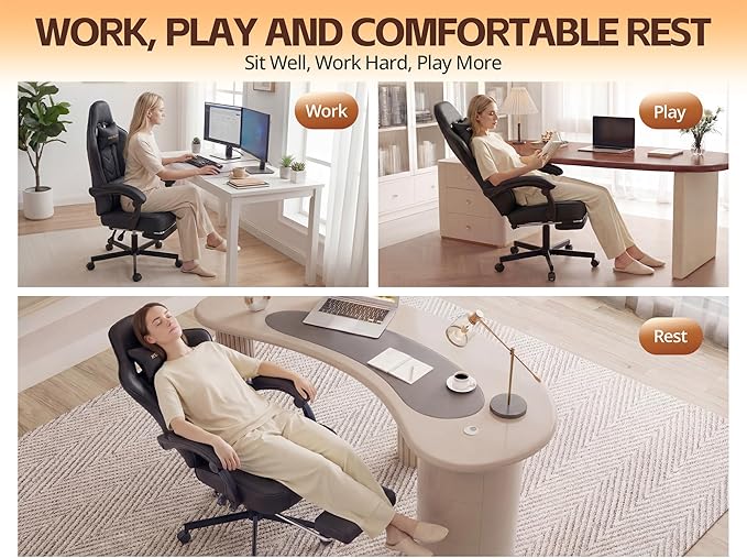 Office Chair Breathable Leather with Pocket Spring Cushion, Wide and High Ergonomic Computer Gaming Chair with Headrest and Footrest for Adult, Black