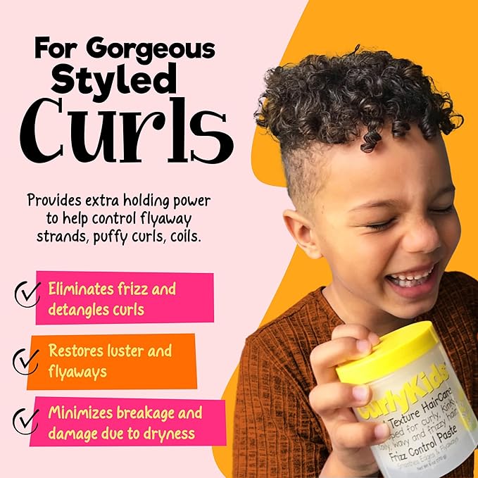 CurlyKids Frizz Control Paste - Anti-Frizz Styling Paste for Curly, Kinky, Coily & Mixed-Texture Hair - Smooth Edges, Tame Flyaways, Maximum Moisture, No Sticky Residue Formula for Kids Haircare, 6oz