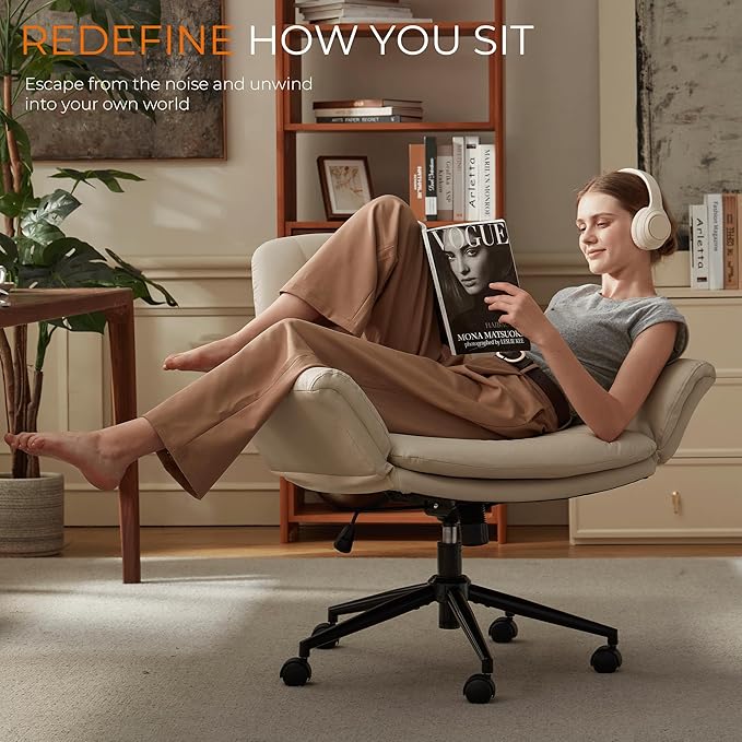 Dowinx Criss Cross Chair with Five-Level Adjustable Arms and Wheels - Comfortable Ergonomic PU Leather Swivel Vanity Chair - Computer Makeup Gaming Chair for Home Office, Bedroom, Vanity Room (Khaki)