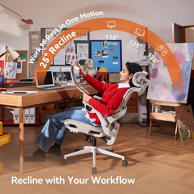 SIHOO B100 Office Chair, Comfy Ergonomic Office Chair, High Back Computer Chair with Adaptive Lumbar Support & Wide Headrest, Flip-up Armrests, Swivel Desk Chair for Long Hours, Grey