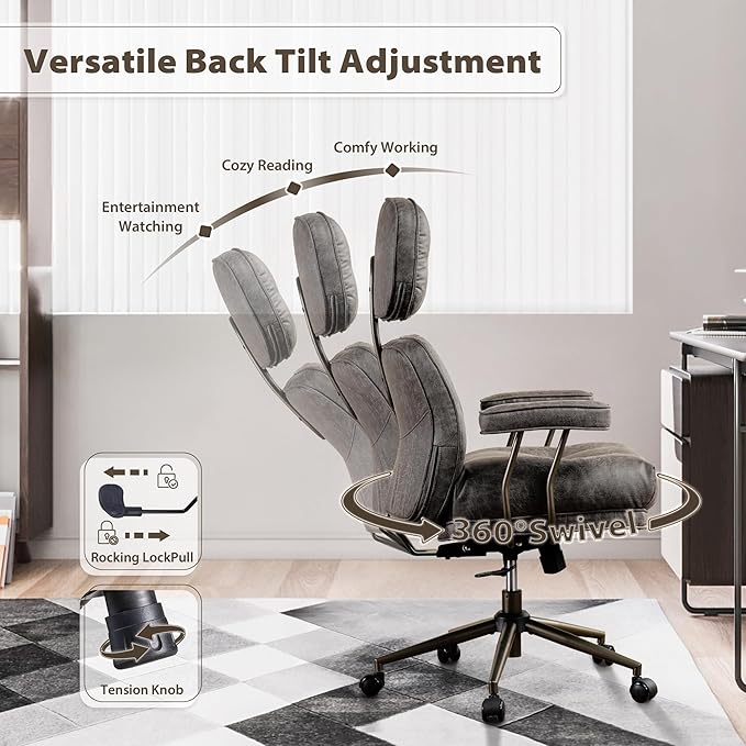 HOOOWOOO Ergonomic Mid Century Modern Office Chair, Comfy Executive Chair with Extra Wide Tufted Cloudy Seat, Lumbar Support, High Reclining Back, Suede Leather Grey