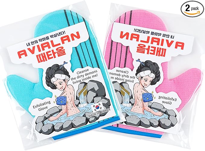 Exfoliating Glove Korean Skin Care Body wash loofah face Lip Body Scrub Dry Brushing Body Brush Foot Back Scrubber scrubbing Bathing Sponge Black Head Remover Gloves (Pink&SkyBlue 2pack)