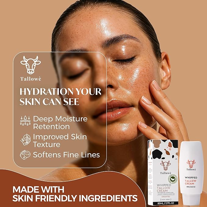 Tallowè Whipped Cream Unscented Face Moisturizer with 100% Grass Fed Beef Tallow For Skin Barrier Support, Natural clean simple ingredient moisturizer,For Dry Sensitive Skin, 2.8oz