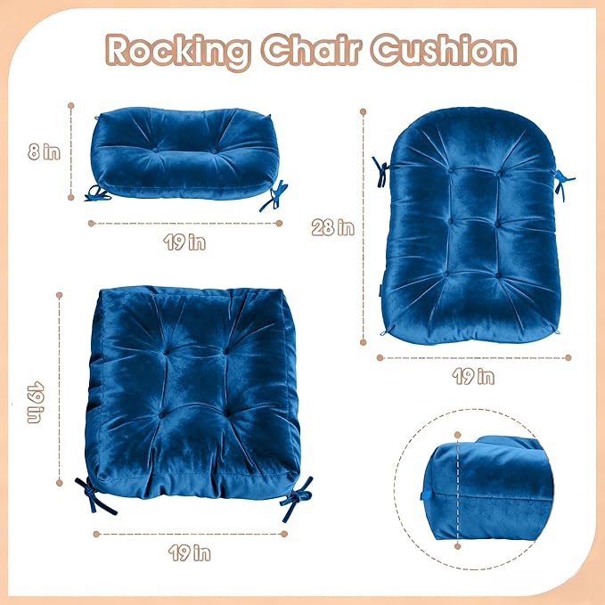 Rocking Chair Cushion Indoor Large Chair Pads Set with Ties Extra Lumbar Pillow Premium Dutch Velvet High Resilience Filler Non-Slip Bottom, Dark Blue