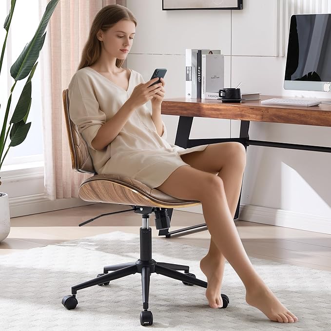 Walnut Bentwood Mid Back Armless Office Chair 1 Pack, Adjustable Height PU Leather Swivel Desk Chair with Wheels, Rolling Computer Task Chair for Home Office, Study, Meeting Room