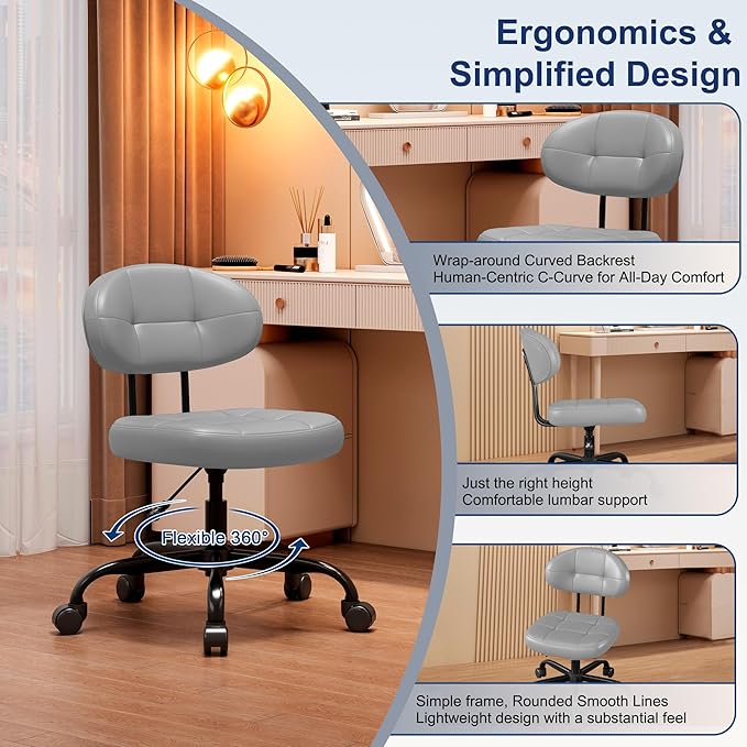 Misolant Vanity Chair with Back, Small Armless Cute Office Chair with Wheels and Lumbar Support, Comfy PU Leather Desk Computer Chairs with Adjustable Height, 360°Swivel for Home Bedroom Office, Gray