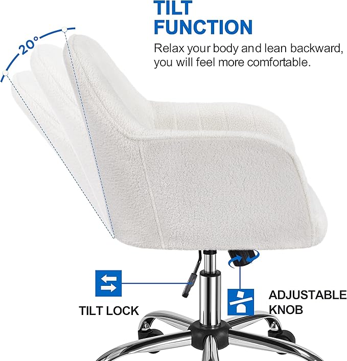 Yaheetech Boucle Desk Vanity Chair with Back Comfy Office Rolling Chair with Wheels Ergonomic Height Adjustable Swivel Modern Accent Armchair for Bedroom Ivory