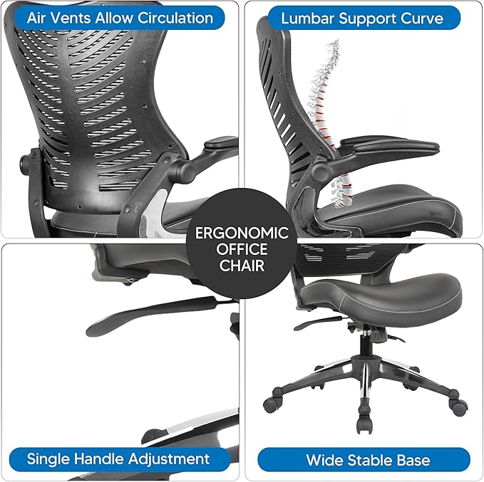 OfficeFactor Executive Ergonomic Computer Office Chair Back Mesh Bonded Leather Seat Flip-up Arms Lumbar Support Molded Foam Seat Adjustable Height Home Office Desk Chair (Black)