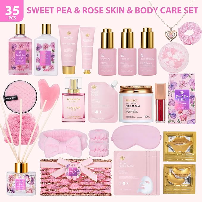 35 Pcs Valentines Day Gifts Basket for Women, Rose Bath and Body Gift, Facial Skin Care Set, Self Care Pampering Kit, Face Sheet Mask, Home Spa, Perfume, Birthday, Mother Day, Bridal Shower