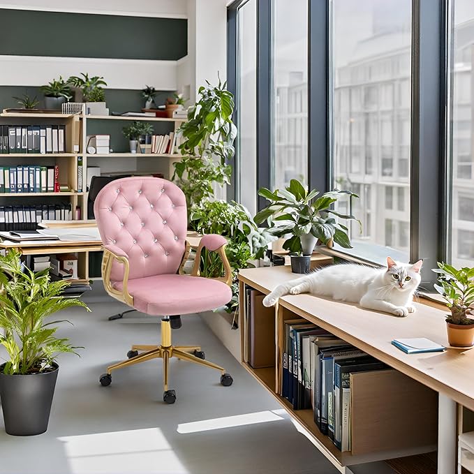 Velvet Home Office Desk Chair Comfy with Gold Legs and Arms, Comfortable Makeup Vanity Chair with Back and Wheels, Button Tufted Armchair Swivel Rolling Study Chair for Girls Women,Pink