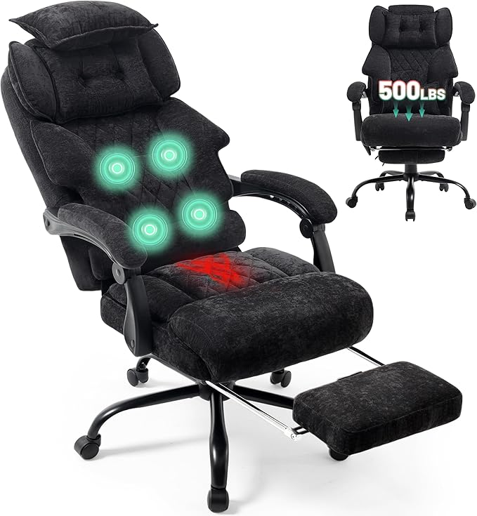 Office Chair with Foot Rest,3D Kneading Massage & Heat Executive Office Chairs for Heavy People,500LBS Big and Tall Office Chair,Ergonomic Reclining Desk Chair,Dual-Use Pillow,Home Office,BlackCloth