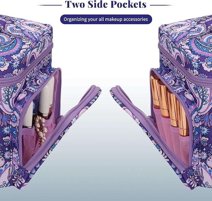 Large Makeup Bag, Portable Travel Makeup Bag Organizer for Women Girls with Makeup Brush Compartment & Two Side Pockets, Cosmetic Travel Bag Vertical Storage Toiletry - Purple