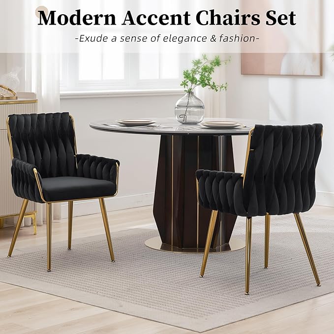 ABET Office Desk Chair No Wheels, Woven Velvet Vanity Chair with Back & Armrest, Comfy Upholstered Cute Gold Metal Legs Makeup Aesthetic Armchair for Girls & Women Bedroom, Nail Spa, Black