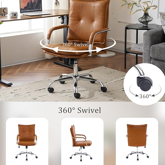 MOJAY Office Chair, Leather Desk Chair, Brown Desk Chair, Mid Century Modern Office Chair, Swivel Comfy Upholstered Wide Seat Chair with Gold Legs and Armrests for Home, Office (Camel&Silver)