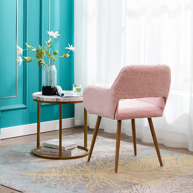 KCC Furry Desk Chair Set of 2, Mid-Century Modern Accent Faux Fur Chair for Teen Girls, Comfy Armchair with Wood Look Metal Legs for Living Room, Home Vanity Makeup Office Desk Chairs No Wheel, Pink