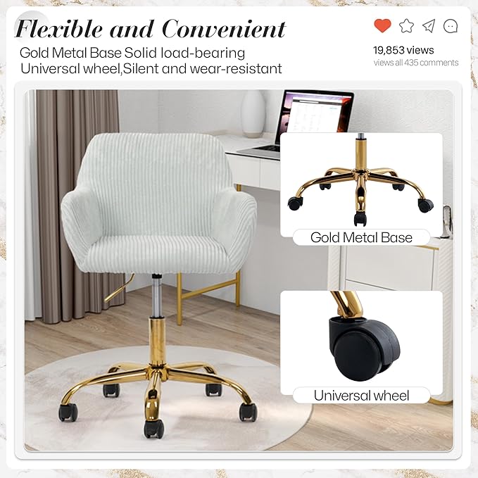 Faux Fur 360°Swivel Desk Chair, Height Adjustable Home Office Armchair with Golden Base for Teens Women Girls, Corduroy & Light Blue