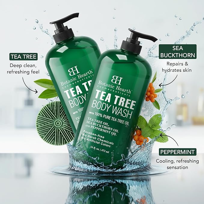 Botanic Hearth Tea Tree Body Wash 2Pack, with Silicone Dual-Sided Design Body Brush & Scrubber | Infused with 100% Pure Tea Tree Oil, Coconut, Jojoba |Foot & Body Cleanser | Paraben Free |16 fl oz