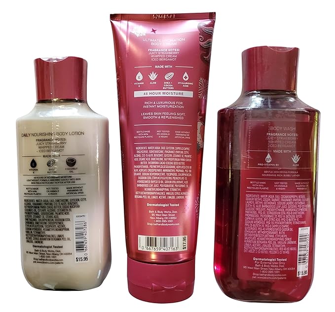 Bath & Body Works Women's Strawberry Snowflakes Body Gel Wash, Lotion and Ultimate Hydration Cream 3 Piece Set