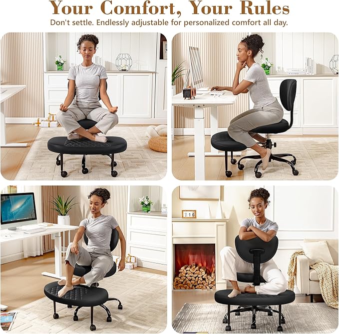 Ergonomic Cross Legged Office Chair with Wheels - Adjustable Height for Meditation, ADHD Desk & Yoga - Wide Criss Cross Design with Lumbar Support, Kneeling Chair - Upgraded Black