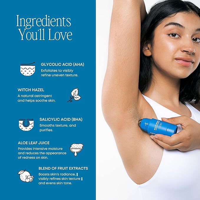 Bushbalm Ingrown Hair Roller Rescue And Nude Oil Bundle - Includes AHA & BHA - Exfoliating, Soothing, Cooling for Intimate Areas, Underarms - Helps With Razor Bumps and Ingrown Hairs, Blue