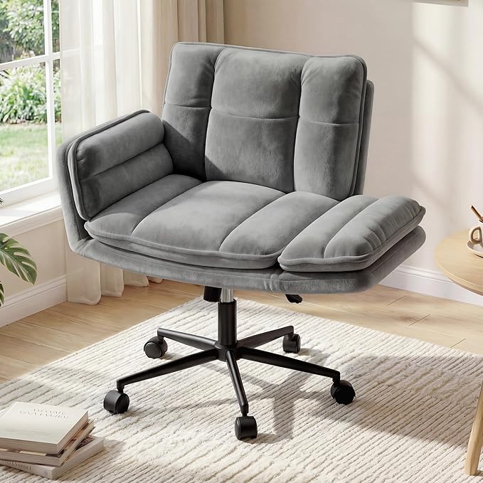 Criss Cross Chair with Wheels, Ergonomic Office Chair with Adjustable Armrests, Vanity Chair with Back for Bedroom, Makeup Room and Office Room, Gray