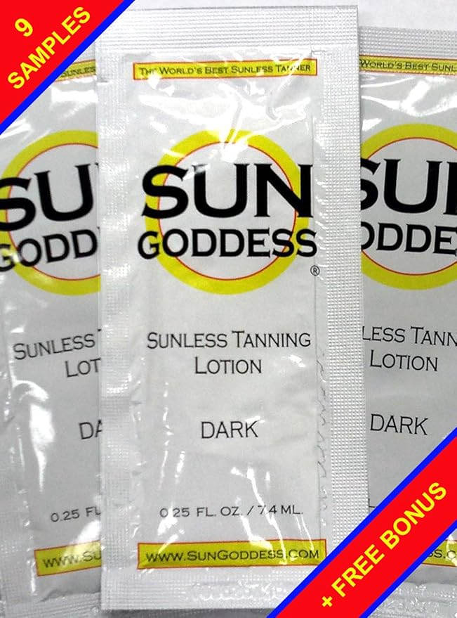 Sun Goddess - NINE (9) Sunless Self Tanning Lotion Samples + 1 Sunless Self Tanning Applicator Mitt + 1 Pair Sunless Self Tanning Application Gloves - Sun Goddess - Best Sunless Self Tanner Lotion