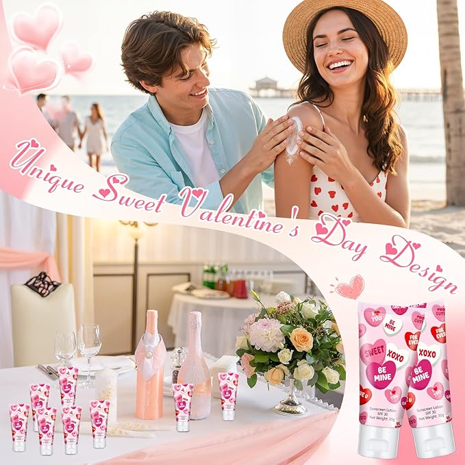 12 Pcs Mini Sunscreen Bulk for Summer Travel Size Spf 30 Water Resistant Sunscreen Lotion Bulk for Thank You Gifts Hawaiian Wedding Bridal Party Favors for Pool Wedding(Valentine)