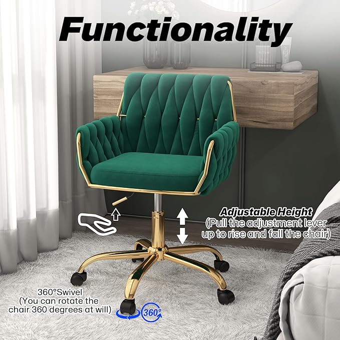 Woven 360°Swivel Desk Chair, Velvet Height Adjustable Home Office Armchair with Golden Base for Teens Women Girls, Upholstery Computer Chair for Home Studios and Office, Woven & Dark Green