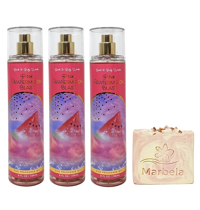 Bath & Body Works Pink Watermelon Blast 3 Pack Fragrance Mist Bundle with a Himalayan Salts Springs Bar Soap - Full Size